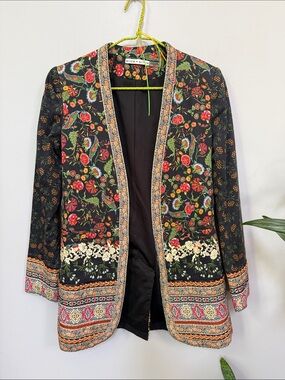 Alice + Olivia Black Embroidered Floral Open Jacket